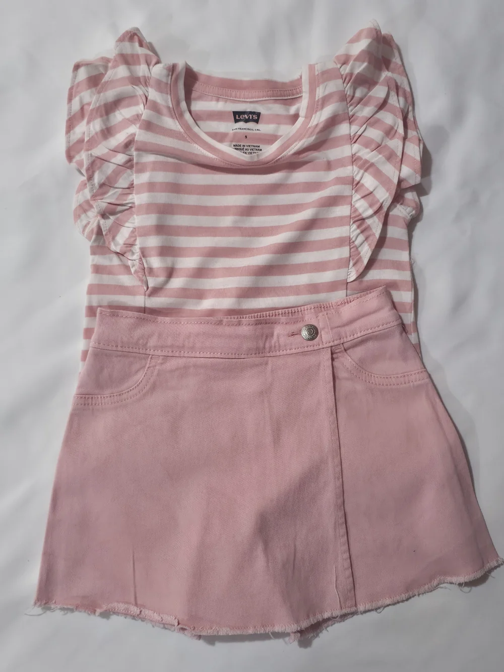 Girls Levi’s Pink Striped Ruffle Top & Pink Skirt Outfit.
